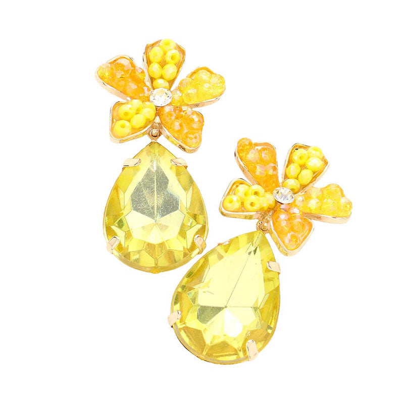 Yellow Beaded Flower Teardrop Stone Link Dangle Earrings, are nicely designed to show your unique & beautiful outlook with flower-themed dangle earrings. Wear these beautiful stone beaded earrings to get immediate compliments. Highlight your appearance and grasp everyone's eye at any place. Enhance your attire with this beautiful flower & leaf-themed earrings to show off your fun trendsetting style.