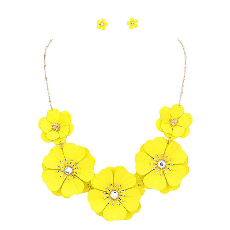 Yellow Lavender Bloom Flower Link Necklace, carefully crafted, delicately put together, this beautiful statement necklace and earrings will bring a lovely pop of color to your look, giving you the feeling that you have been touched by sunshine. Bright floral design will coordinate with any ensemble from business casual to everyday wear. This beautiful Flower themed necklace are the perfect gift for the women in our lives who love flower.