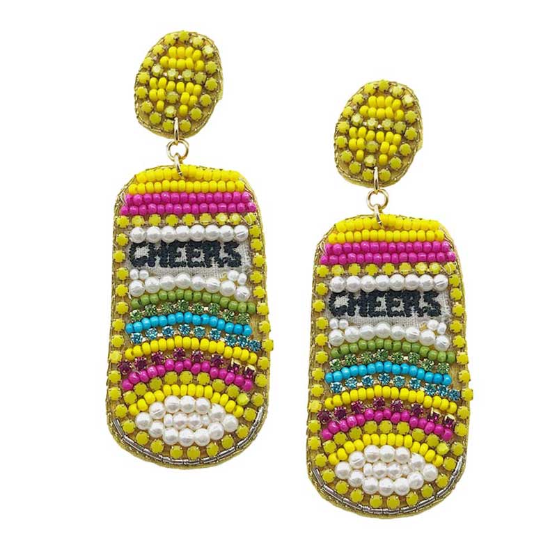 Yellow CHEERS Felt Back Pearl Stone Seed Beaded Beer Dangle Earring, Seed Beaded Dangle earrings fun handcrafted jewelry that fits your lifestyle, adding a pop of pretty color. Enhance your attire with these vibrant artisanal earrings to show off your fun trendsetting style. Suitable for Bachelorette Party, Statement Earrings, fun night Out, Birthday Party or any events.