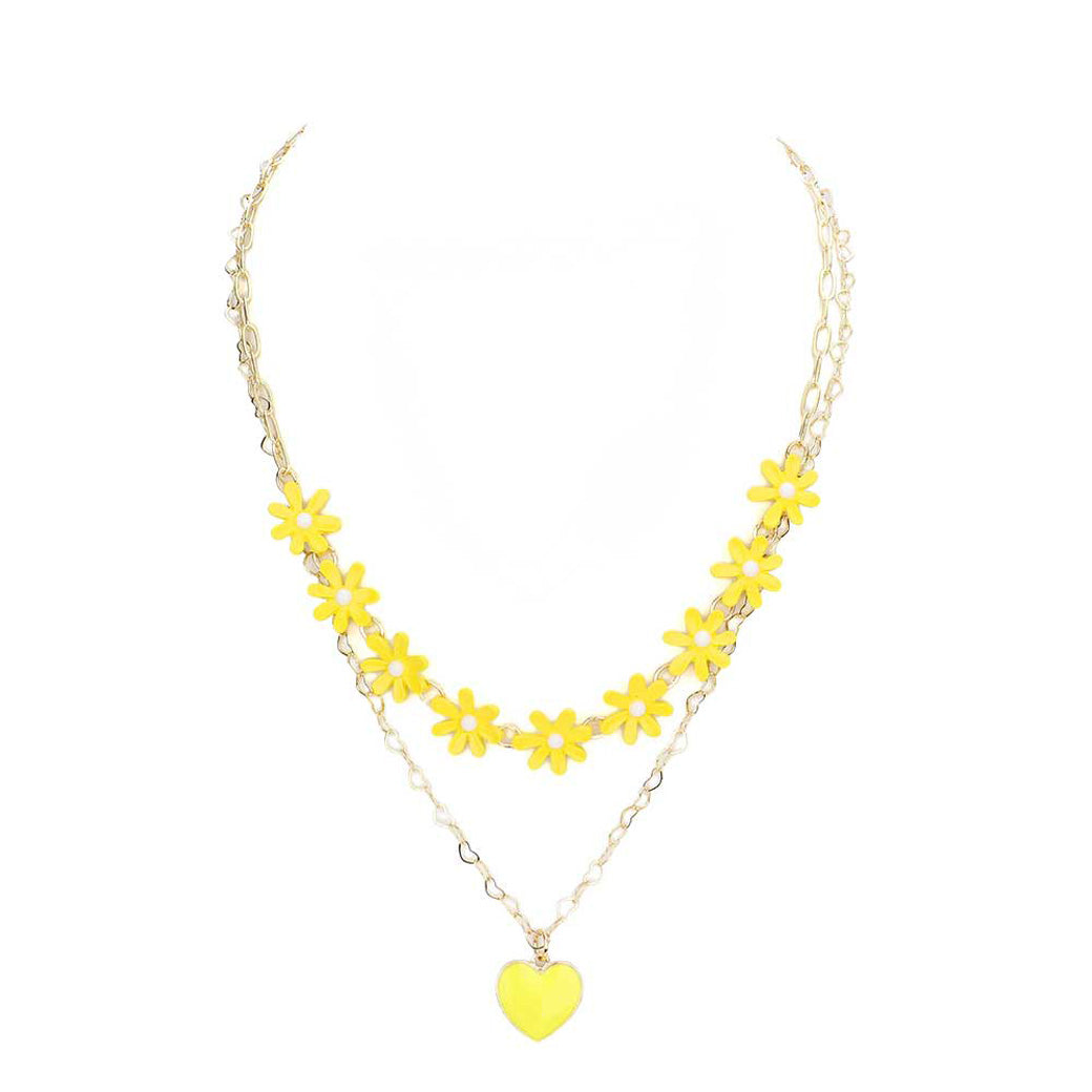 Yellow Enamel Heart Pendant Flower Link Double Layered Necklace, Get ready with these beautiful statement Pendant necklace Double Layered will bring a lovely put on a pop of color to your look. Bright Enamel Heart and floral design will coordinate with any ensemble from business casual to everyday wear. The beautiful combination of Flower and Heart themed necklace are the perfect gift for the women in our lives who love flower.