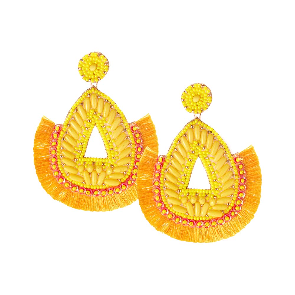 Yellow Felt Back Beaded Teardrop Thread Fringe Dangle Earrings, These beaded earrings are elegant, and fun, and make a great addition to any outfit! Very lightweight and eye-catchy! These teardrop thread fringe earrings make you more youthful and dynamic, no worry about how to match your beautiful clothing.