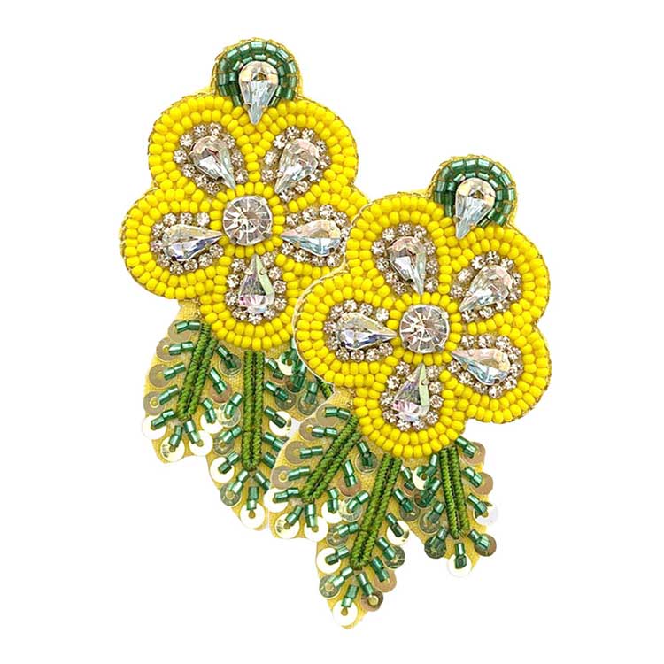 Yellow Felt Back Sequin Stone Seed Beaded Flower Leaf Earrings, Vivid Sequin Seed Bead flower Leaf Earrings Leaf Dangle Earrings fun handcrafted jewelry that fits your lifestyle, adding a pop of pretty color. Enhance your attire with these vibrant artisanal earrings to show off your fun trendsetting style. Perfect Birthday Gift, Anniversary Gift, Mother's Day Gift, Graduation Gift, Prom Jewelry, Just Because Gift, Thank you Gift.
