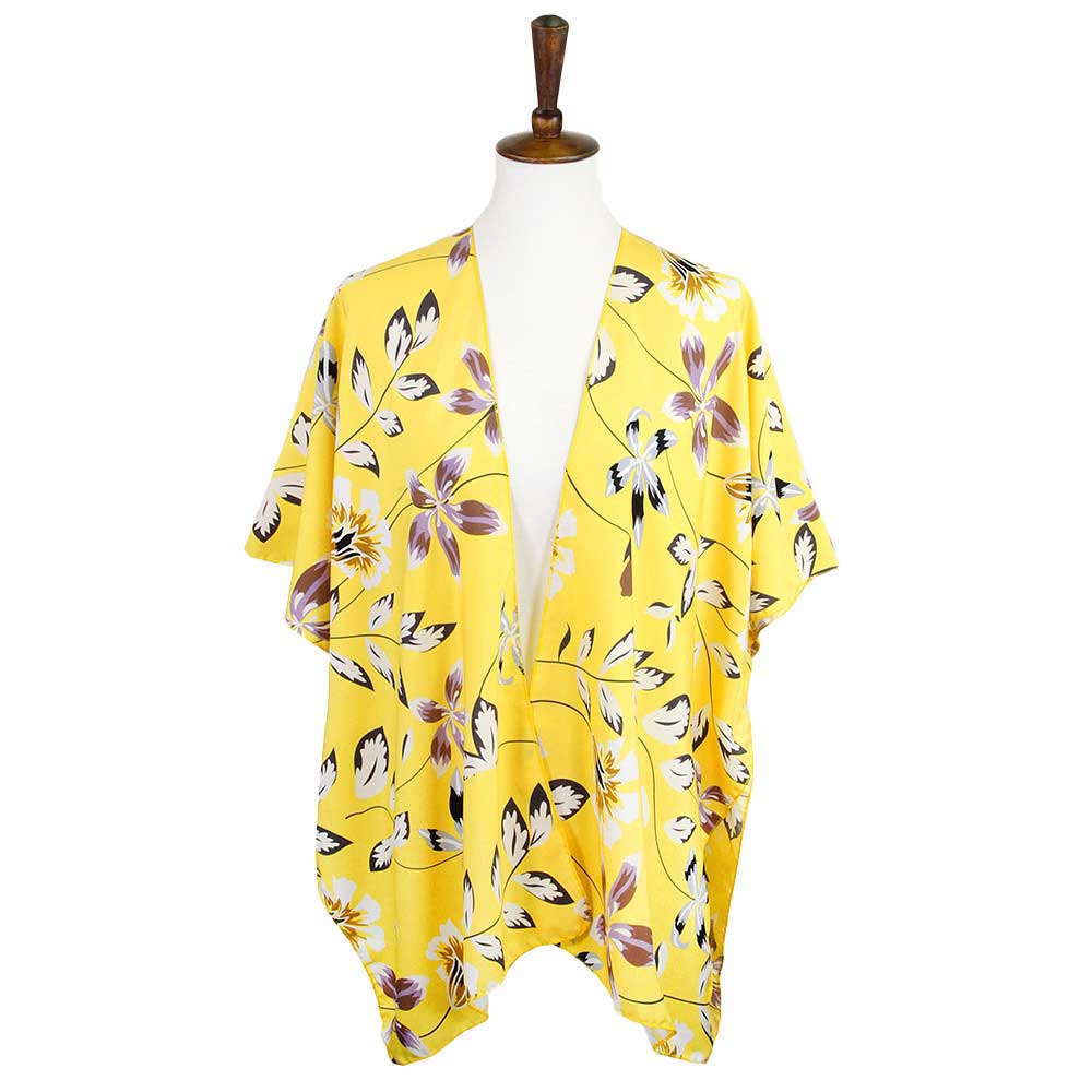Yellow Flower Printed Cover Up Kimono Poncho. Lightweight and soft brushed fabric exterior fabric that make you feel more warm and comfortable. Cute and trendy poncho for women. Great for dating, hanging out, daily wear, vacation, travel, shopping, holiday attire, office, work, outwear, fall, spring or early winter. Perfect Gift for Wife, Mom, Birthday, Holiday, Anniversary, Fun Night Out.