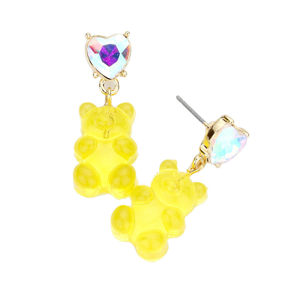 Yellow Heart Stone Gummy Bear Dangle Earrings. Jewelry that fits your lifestyle! Perfect Birthday Gift, Anniversary Gift, Mother's Day Gift, Anniversary Gift, Graduation Gift, Prom Jewelry, Just Because Gift, Thank you Gift.