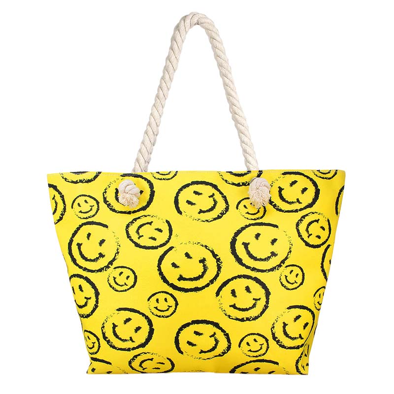 Yellow Smile Face Print Beach Tote Bag, This Smile Face Print Beach Tote Bag is versatile enough for wearing through the week, simple and leisurely, elegant and fashionable, suitable for women of all ages, and ultra-lightweight to carry around all day. Perfect for beach, parties, and other outdoor activities in daily life.