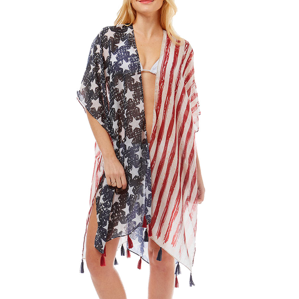 Red, White, Blue American Flag Printed Tassel Kimono Vest Cover Up is made easy, relaxed silhouette, perfectly breezy & laid-back, an accessory easy to pair with many tops, elevates any casual outfit! Giftable, Independence Day, 4th of July, Memorial Day, Flag Day, Labor Day, Election Day, Veterans Day, President Day