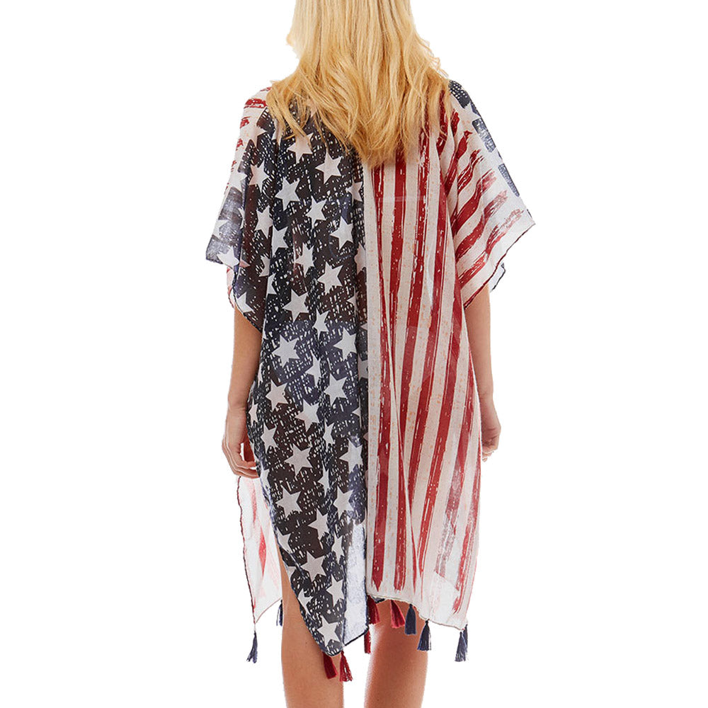 Red, White & Blue American Flag Printed Tassel Vest Poncho Cardigan Kimono, Beach/Poolside chic is made easy with this lightweight cover-up, a relaxed silhouette, looks perfectly breezy & laid-back as you head to the enjoy the sun. An accessory easy to pair with so many tops, elevating any casual outfit! Perfect Gift!
