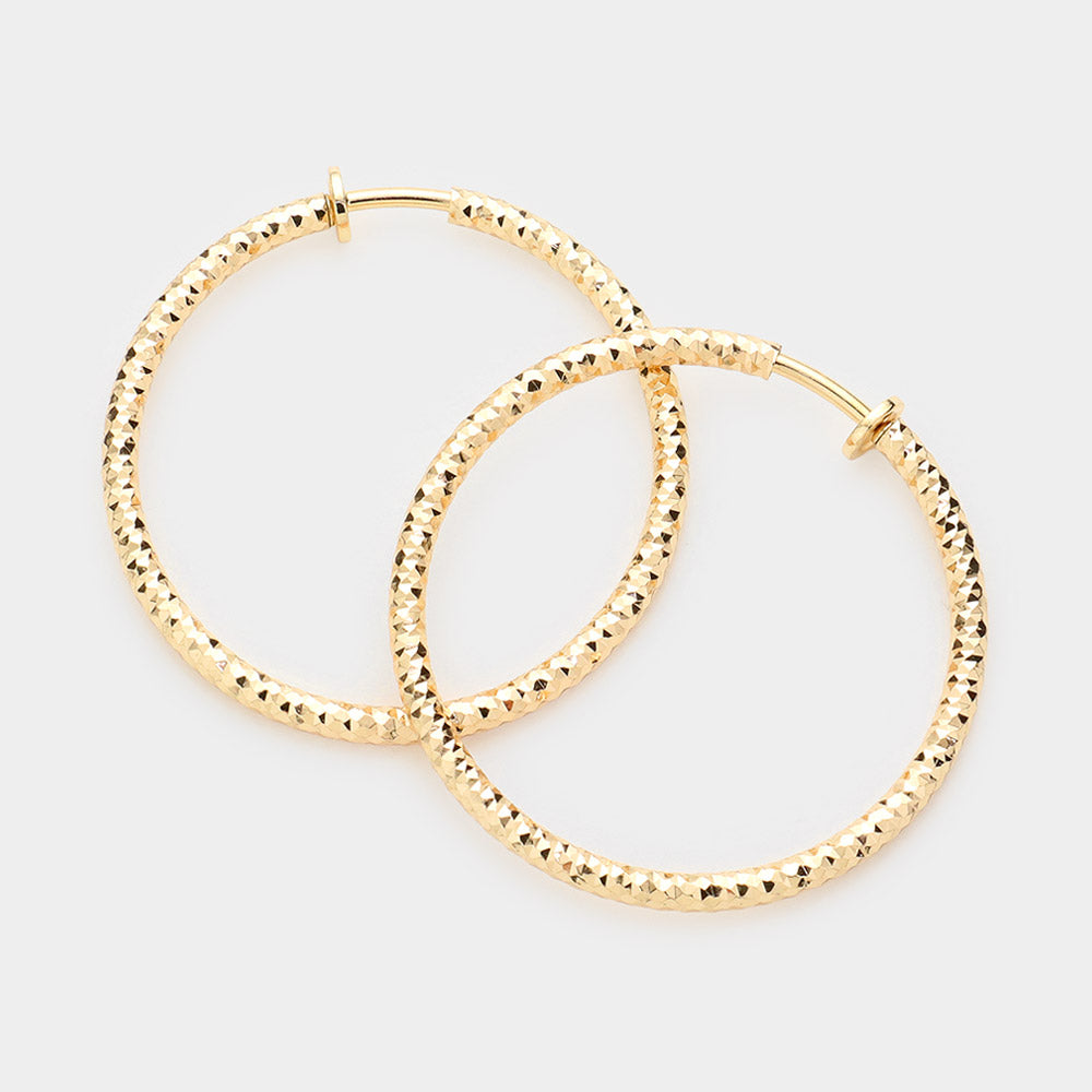 Gold 1.75" Textured Metal Hoop Clip on Earrings