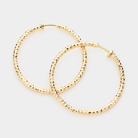 Gold 1.75" Textured Metal Hoop Clip on Earrings