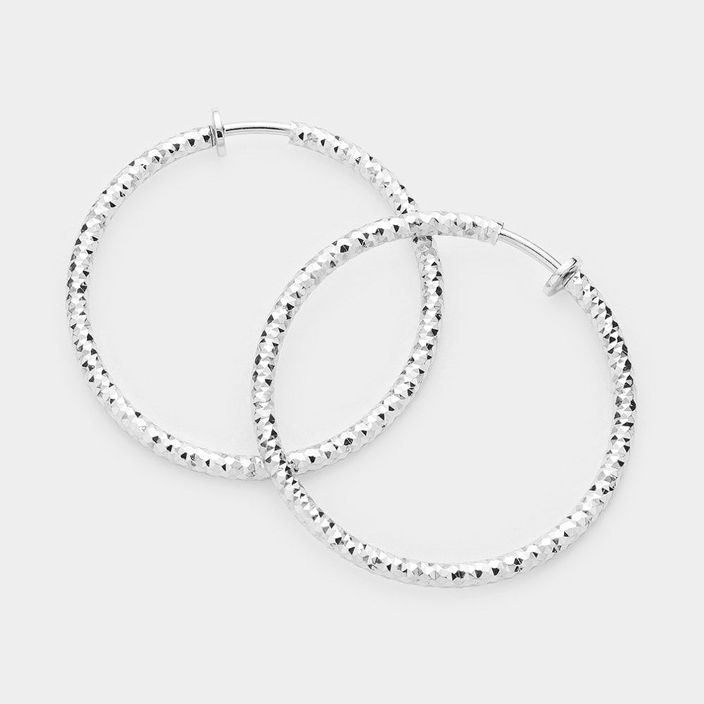 Silver 1.75" Textured Metal Hoop Clip on Earrings