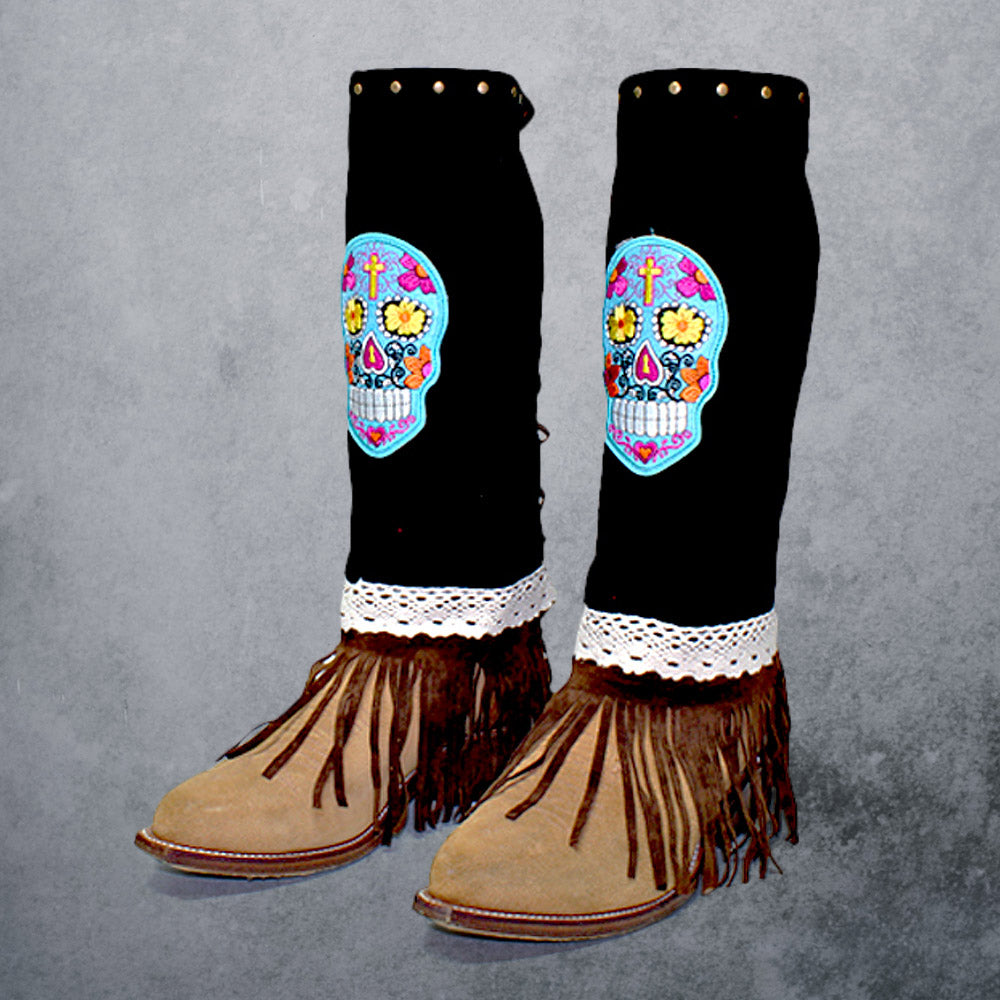 Black, Gold Burnished, Multi 1-Pair Day of the Dead Skull Suede Fringe Boot Toppers