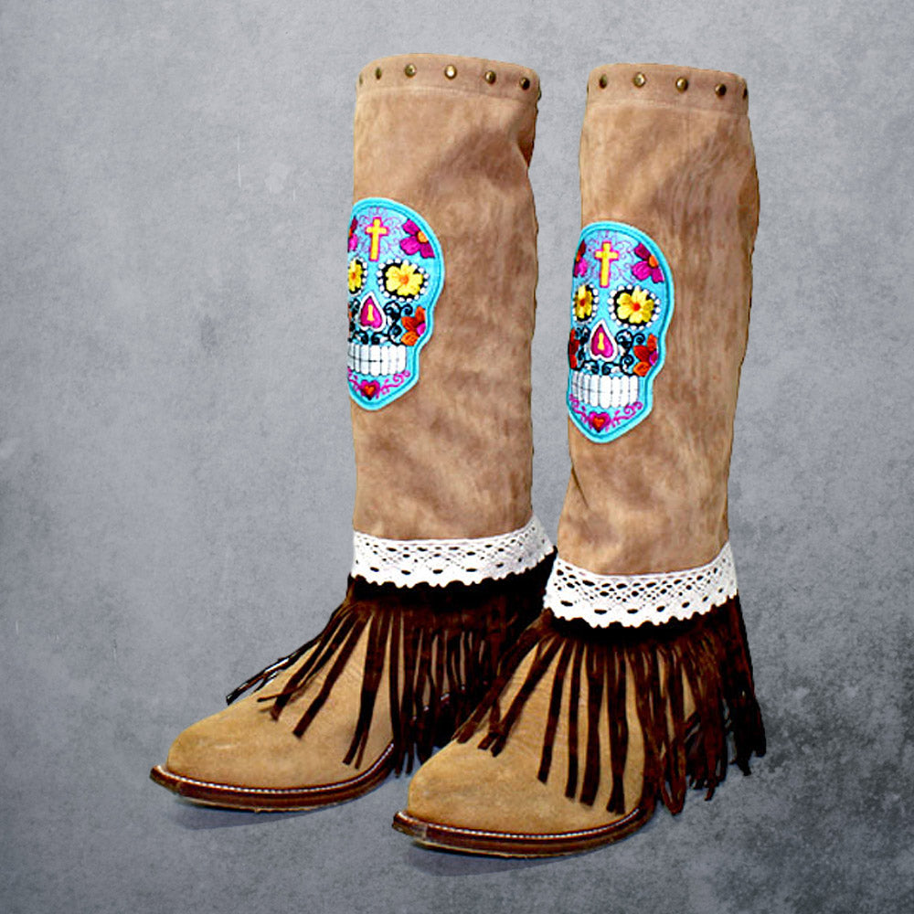 Brown, Gold Burnished, Multi 1-Pair Day of the Dead Skull Suede Fringe Boot Toppers