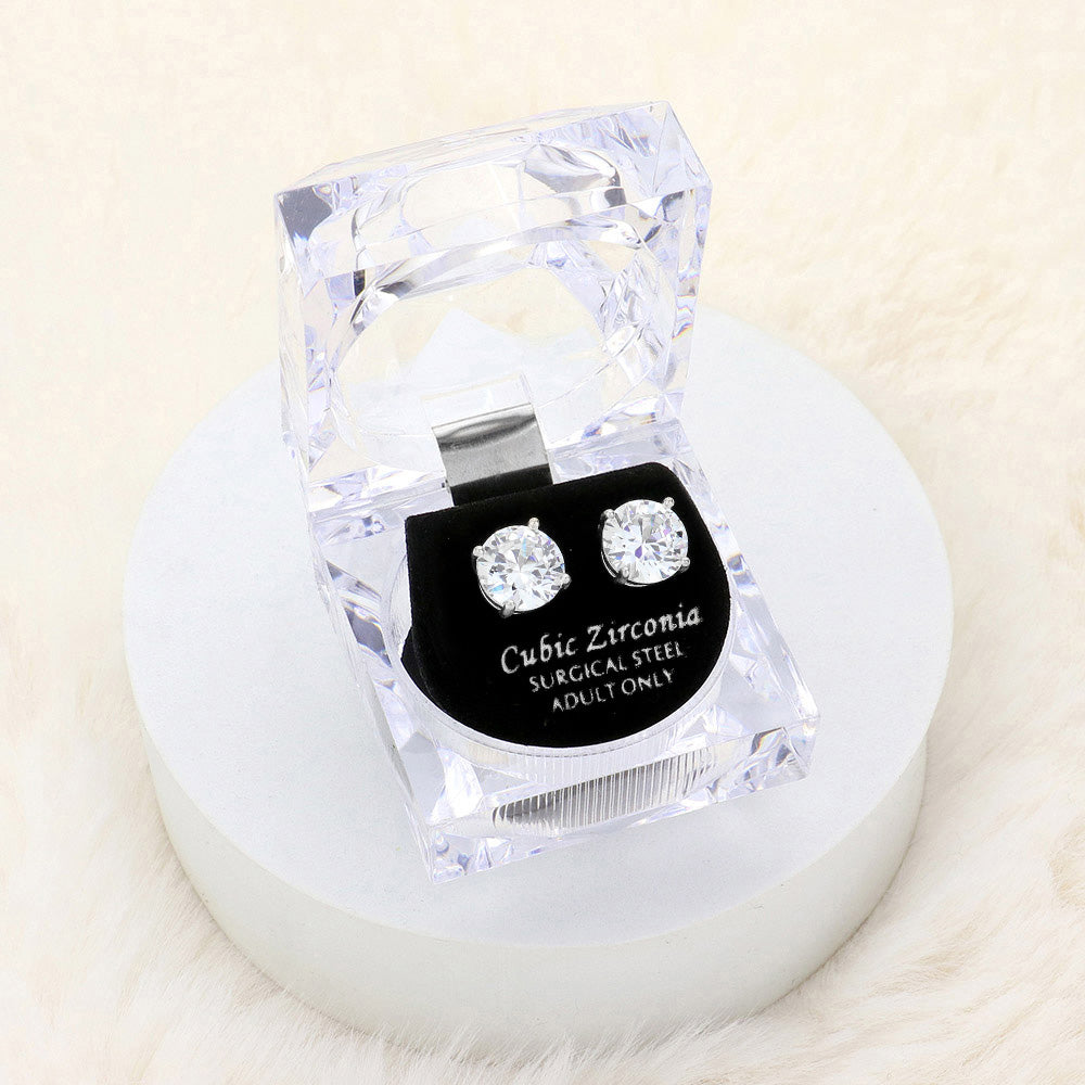 10mm Round Crystal Cubic Zirconia Stud Earrings in Clear Gift Box - Ready to Gift - Silver - Stud Earrings