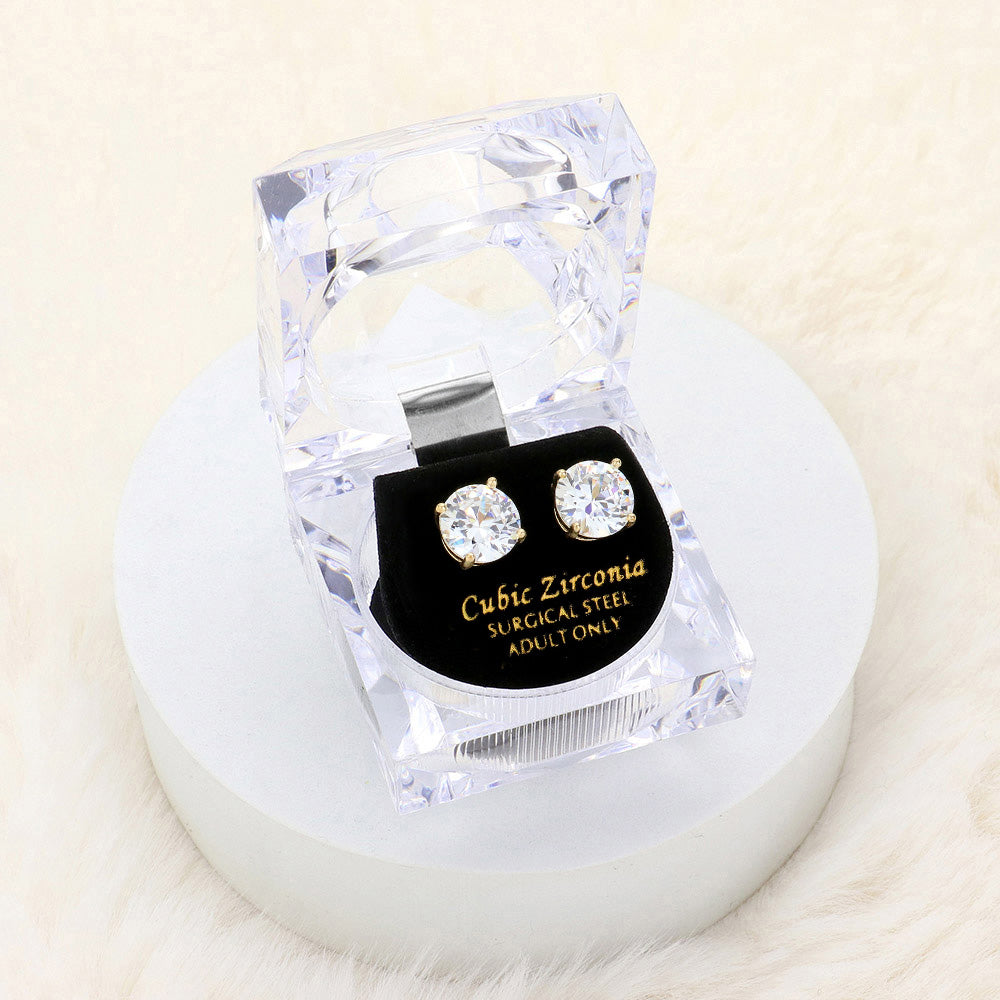 10mm Round Crystal Cubic Zirconia Stud Earrings in Clear Gift Box - Ready to Gift - Gold - Stud Earrings