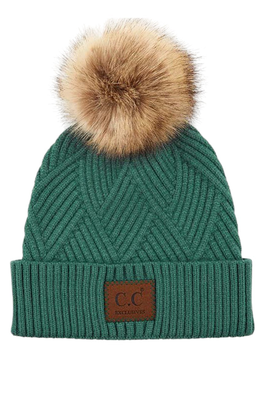 C.C Heather Beanie Hat With Pom Pom And Suede Patch - Antique Sea Green - Beanies