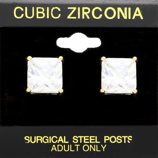 Clear, Gold 11mm Square CZ Stud Earrings