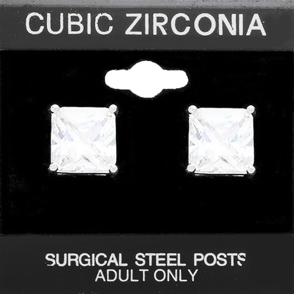 Silver 11mm Square CZ Stud Earrings
