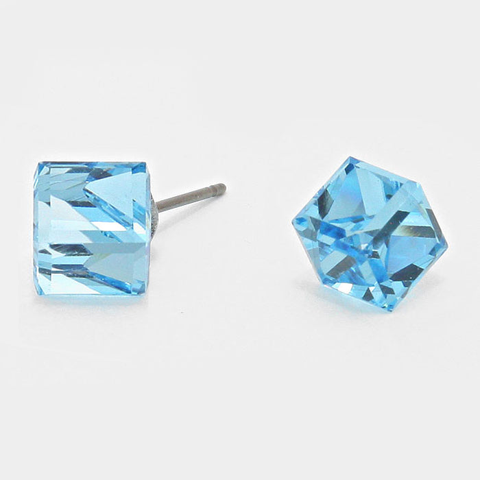 Aqua 12mm Genuine crystal cube stud earrings