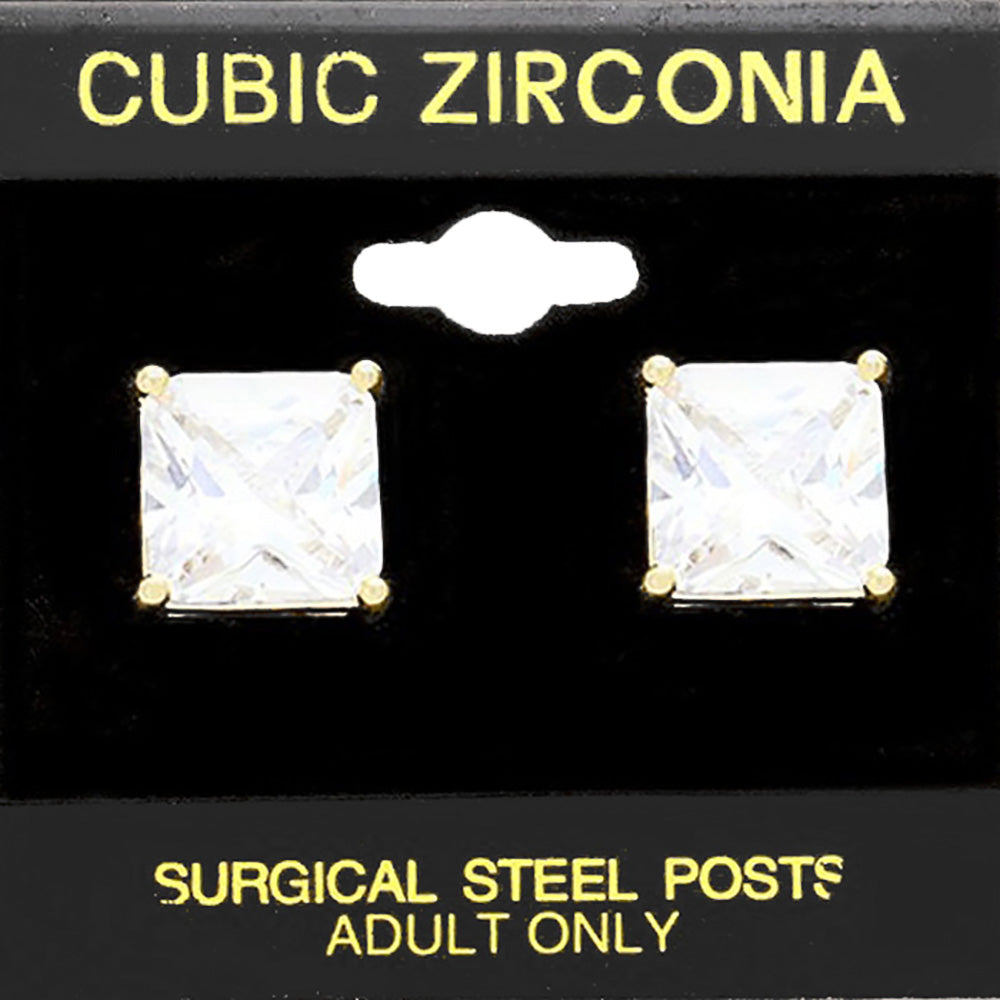 Gold 12mm Square CZ Stud Earrings