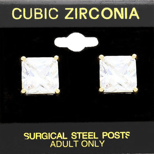 Gold 12mm Square CZ Stud Earrings