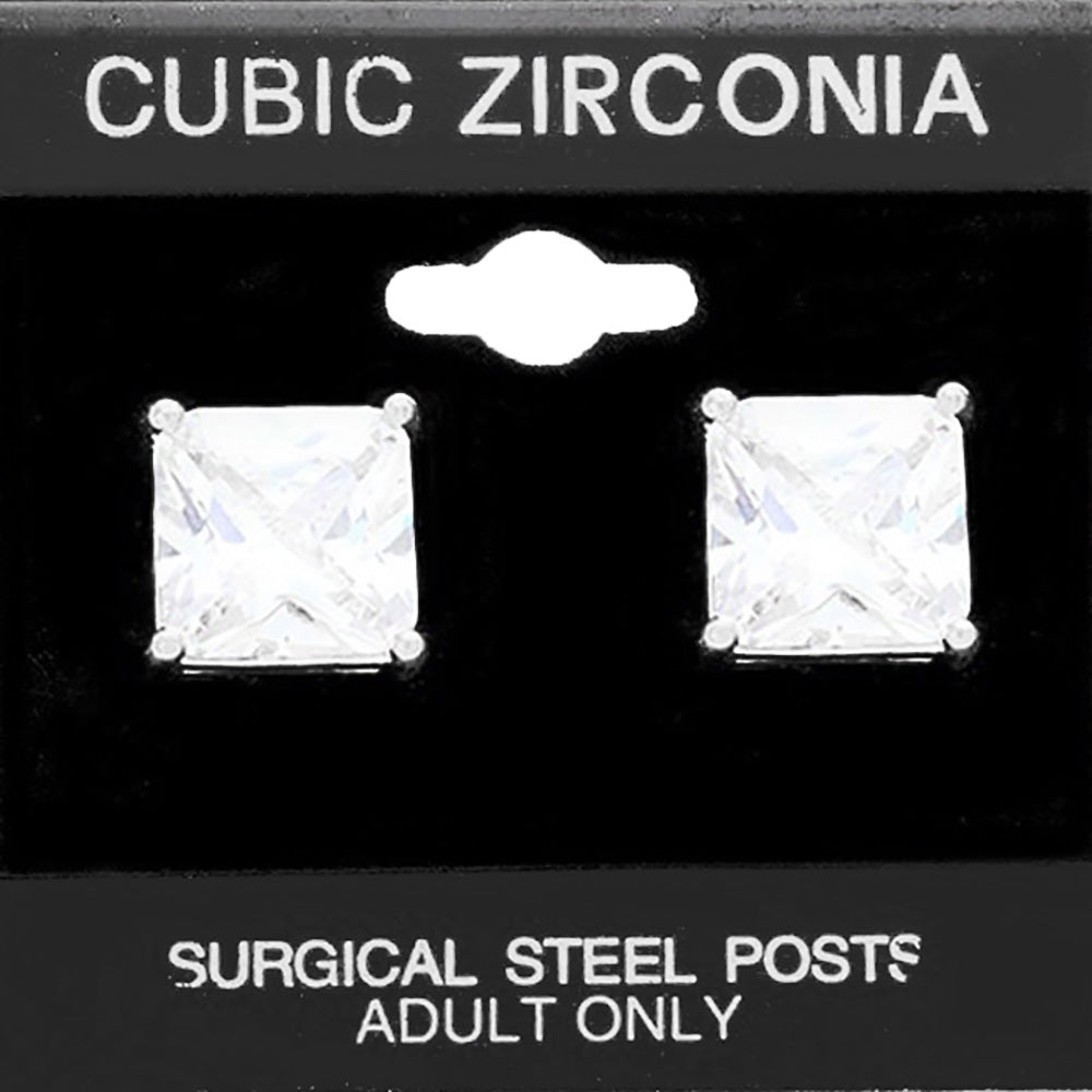 Silver 12mm Square CZ Stud Earrings