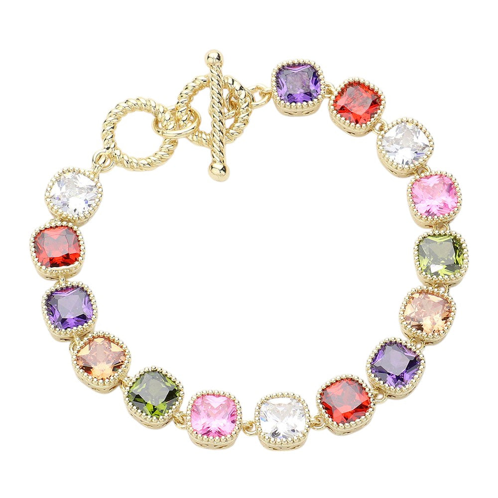 Gold 14K Gold Plated Square CZ Stone Link Evening Toggle Bracelet features a stylish square CZ stone link design and a convenient toggle closure, making it perfect for evening wear. The quality material and elegant design will add a touch of sophistication to any outfit. Upgrade your accessory collection with this stunning bracelet.