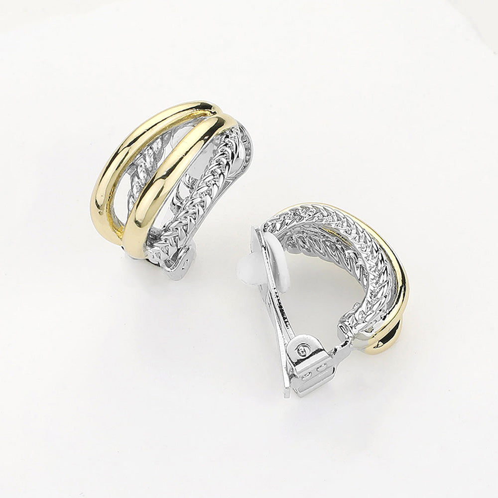 Two Tone 14K Gold Plated Two Tone Crisscross Clip On Earrings