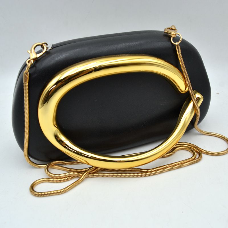 Hard Shell Clutch with Metallic Handle and Chain Strap - Black - Clutch Bags