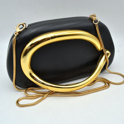Hard Shell Clutch with Metallic Handle and Chain Strap - Black - Clutch Bags