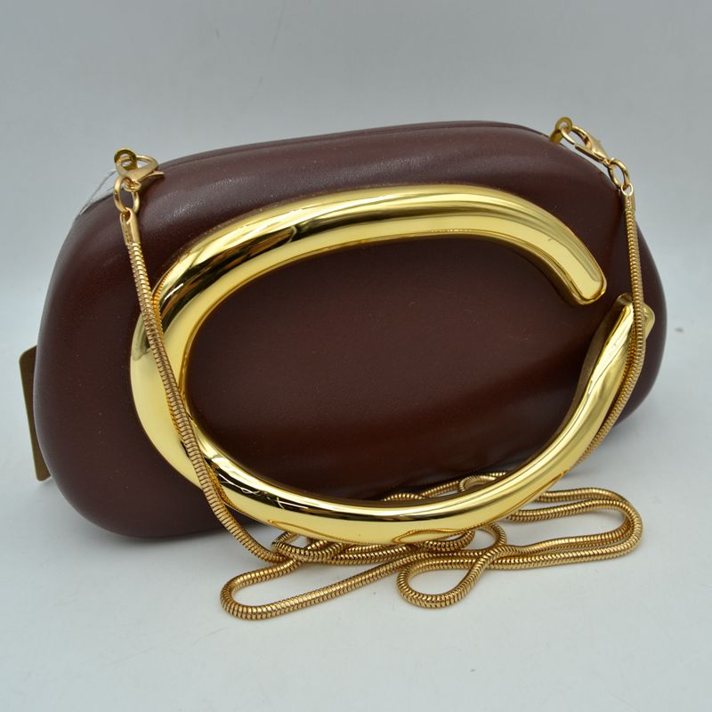 Hard Shell Clutch with Metallic Handle and Chain Strap - Coffee - Clutch Bags