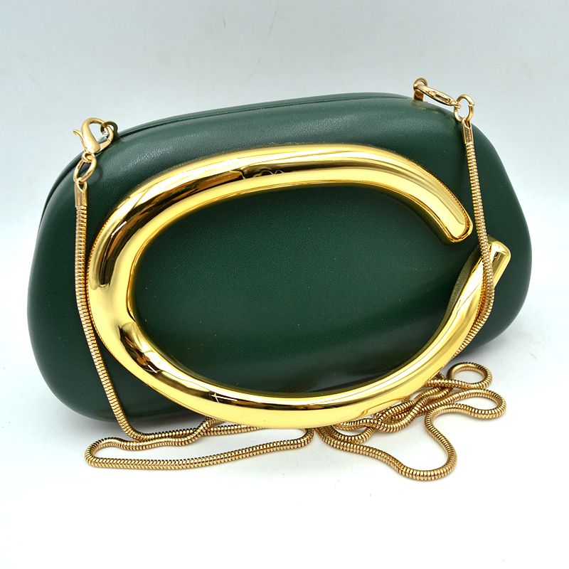 Hard Shell Clutch with Metallic Handle and Chain Strap - Dark Green - Clutch Bags