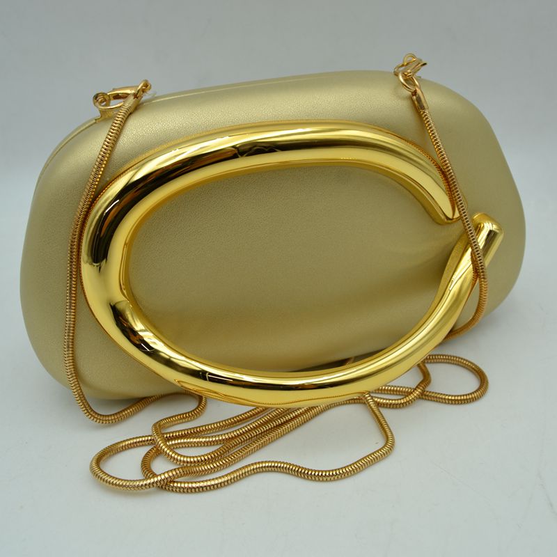 Hard Shell Clutch with Metallic Handle and Chain Strap - Gold - Clutch Bags