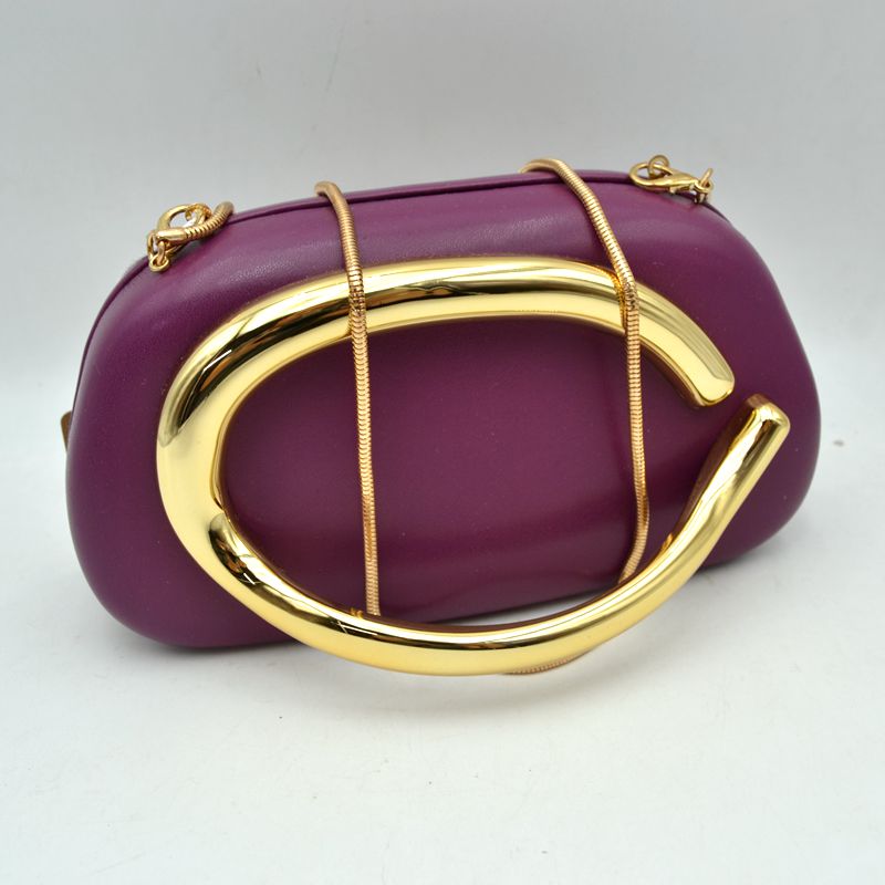 Hard Shell Clutch with Metallic Handle and Chain Strap - Purple - Clutch Bags