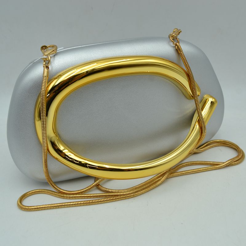 Hard Shell Clutch with Metallic Handle and Chain Strap - Silver - Clutch Bags