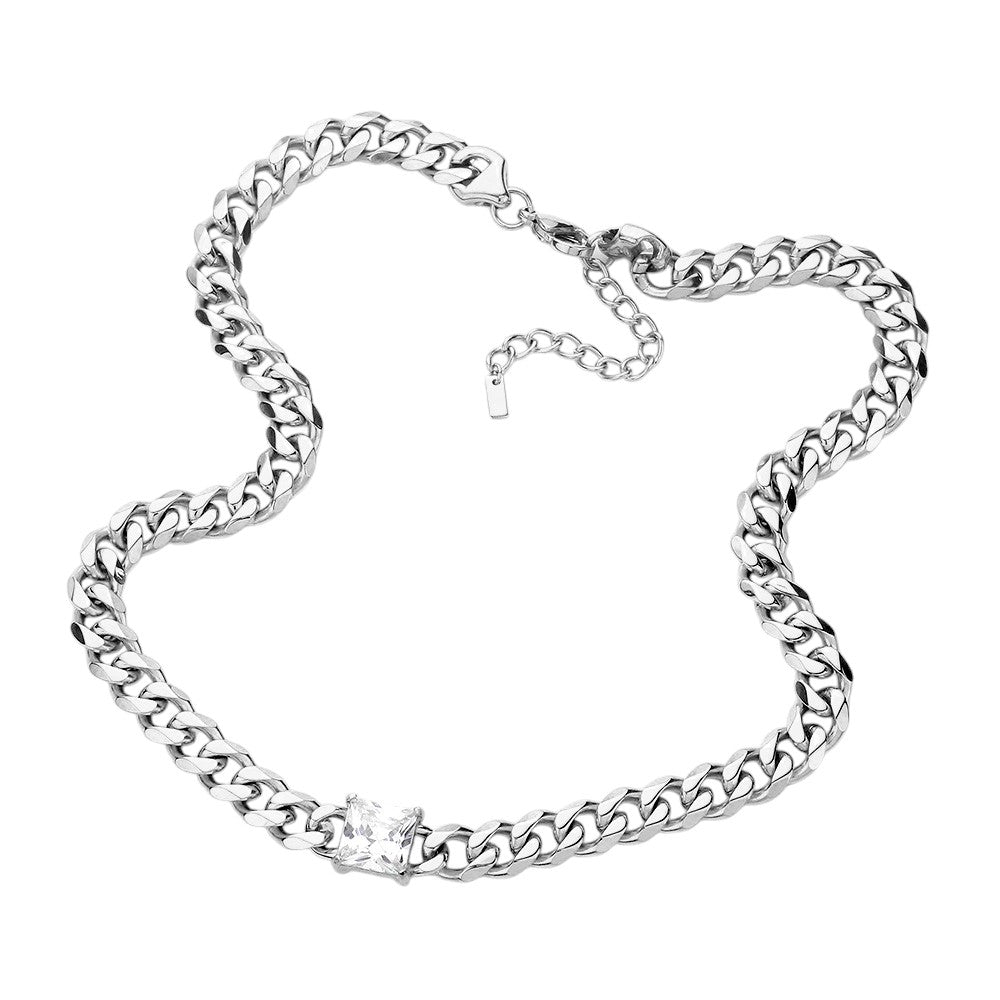 Rhodium 18K Gold Dipped Stainless Steel CZ Square Stone Accented Necklace features high-quality stainless steel dipped in 18K gold, adorned with a beautifully sparkling CZ square stone. Crafted with precision and durability, this elegant necklace is perfect for any occasion. Enjoy the luxurious shine of gold and the lasting strength of stainless steel, making it a timeless addition to your collection. 