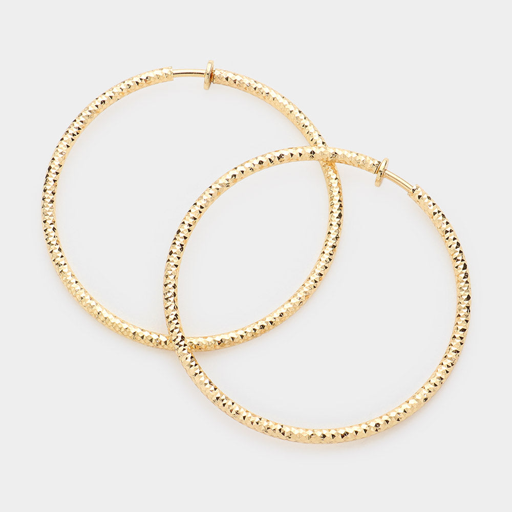 Matte gold 2.25" Textured Metal Hoop Clip on Earrings