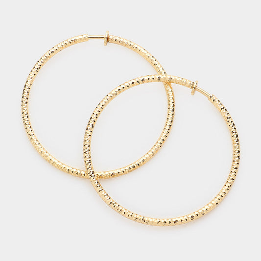 Matte gold 2.25" Textured Metal Hoop Clip on Earrings