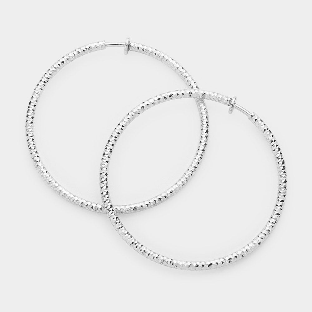 Silver 2.25" Textured Metal Hoop Clip on Earrings