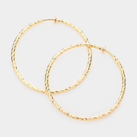 Matte gold 2.4" Textured metal hoop clip on earrings