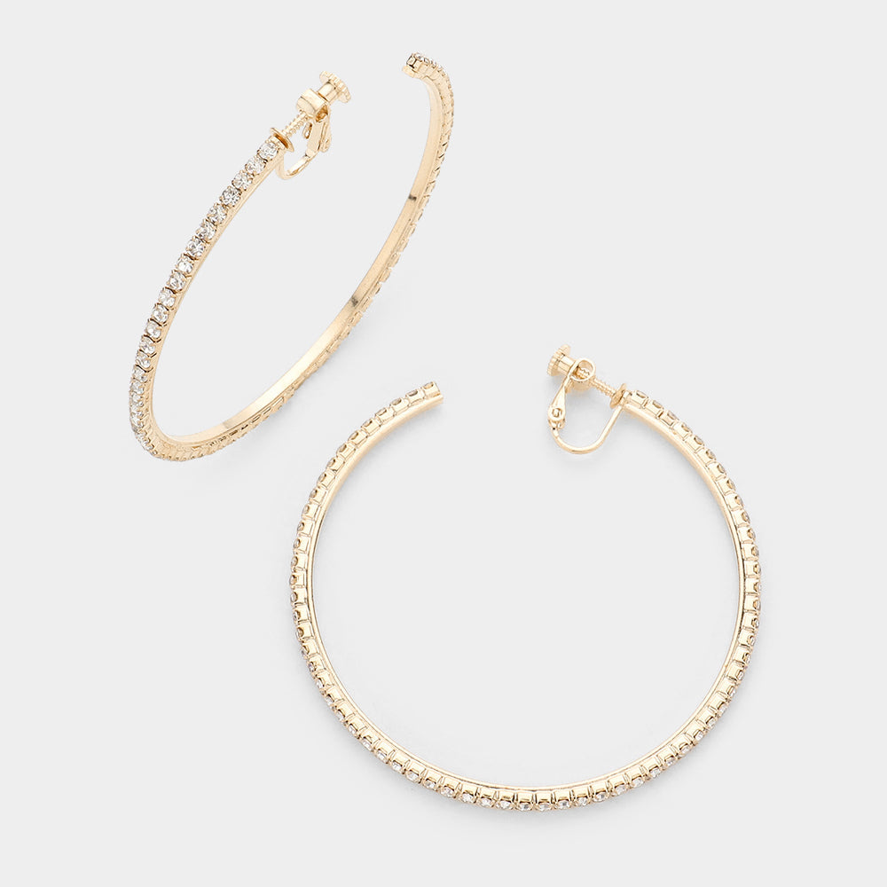 Gold 2.5 inch Rhinestone Hoop Clip on Earrings