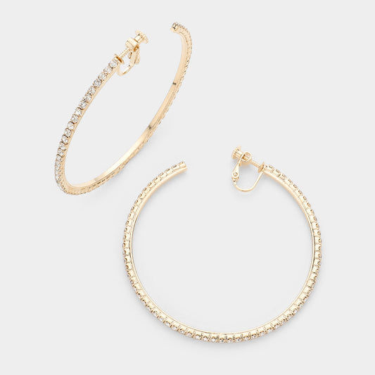 Gold 2.5 inch Rhinestone Hoop Clip on Earrings