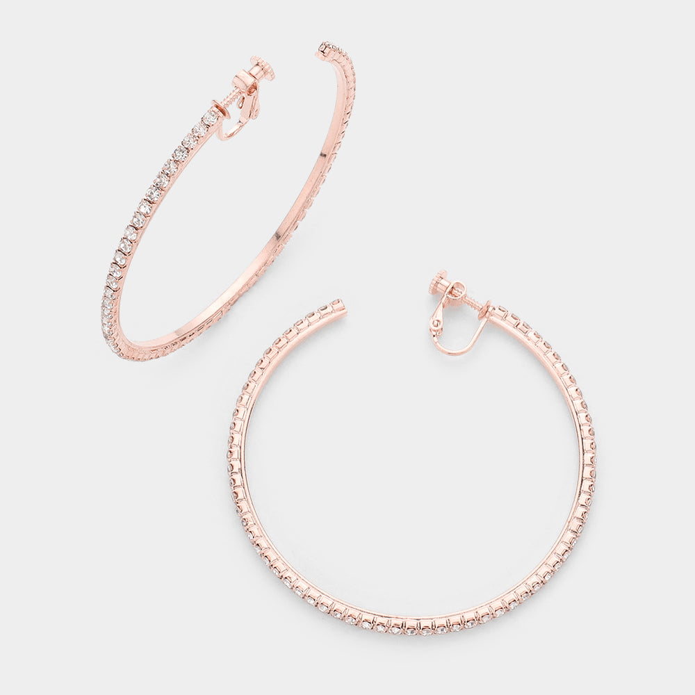 Rose Gold 2.5 inch Rhinestone Hoop Clip on Earrings