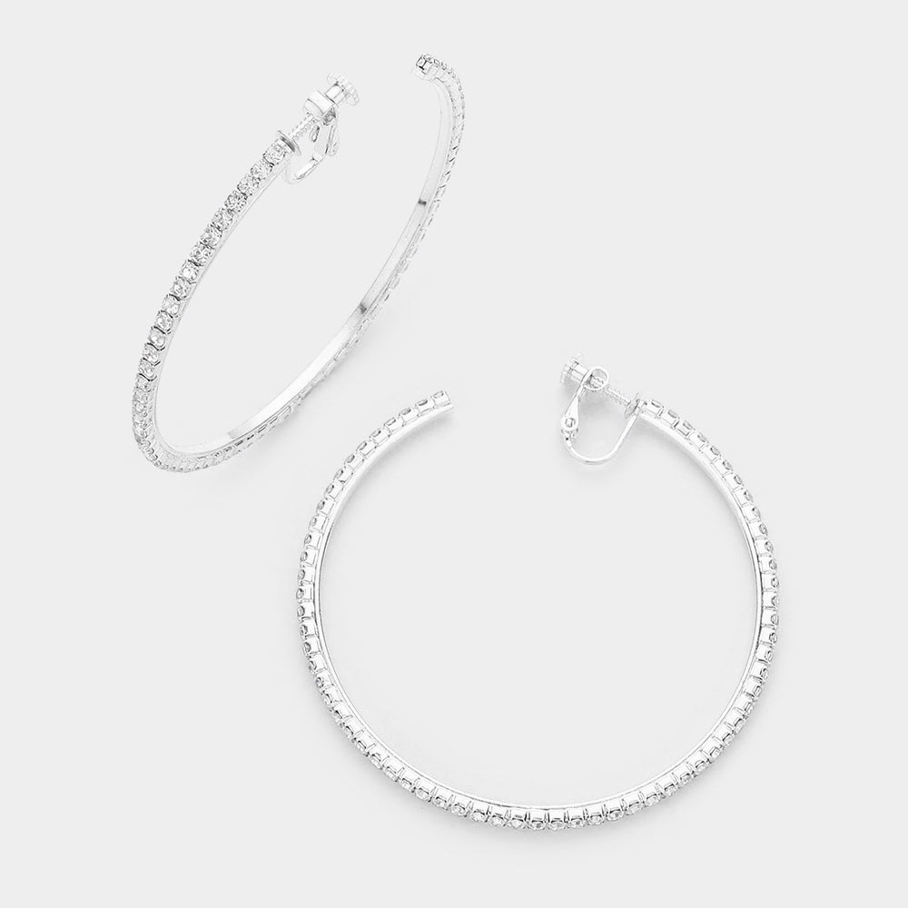 Silver 2.5 inch Rhinestone Hoop Clip on Earrings