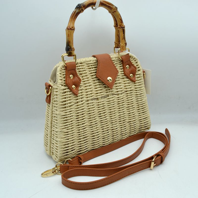 Woven Straw Satchel Bag with Bamboo Top Handle and Crossbody Strap - Beige - Tote Bag