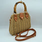 Woven Straw Satchel Bag with Bamboo Top Handle and Crossbody Strap - Khaki - Tote Bag