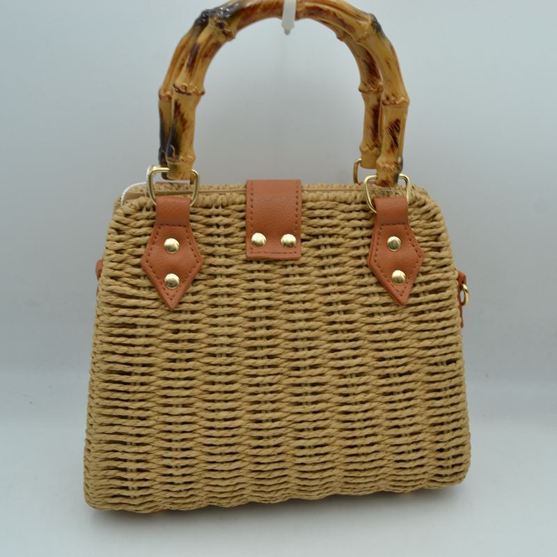 Woven Straw Satchel Bag with Bamboo Top Handle and Crossbody Strap - Tote Bag