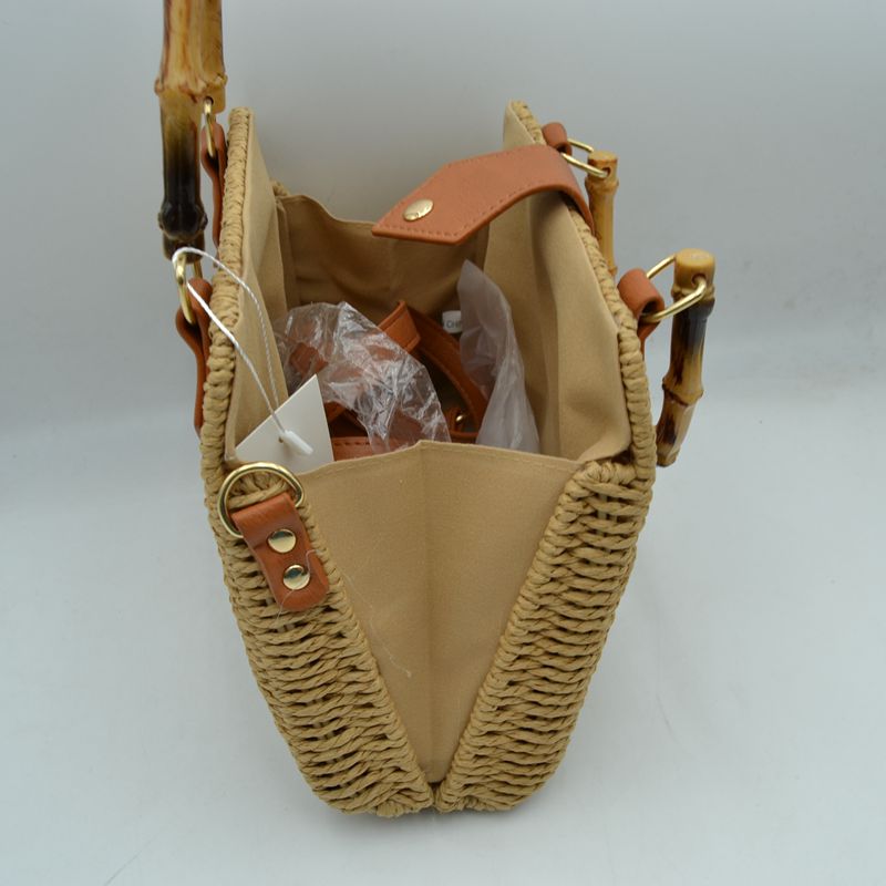 Woven Straw Satchel Bag with Bamboo Top Handle and Crossbody Strap - Tote Bag