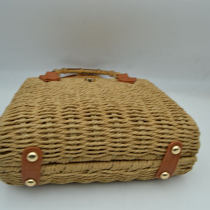 Woven Straw Satchel Bag with Bamboo Top Handle and Crossbody Strap - Tote Bag