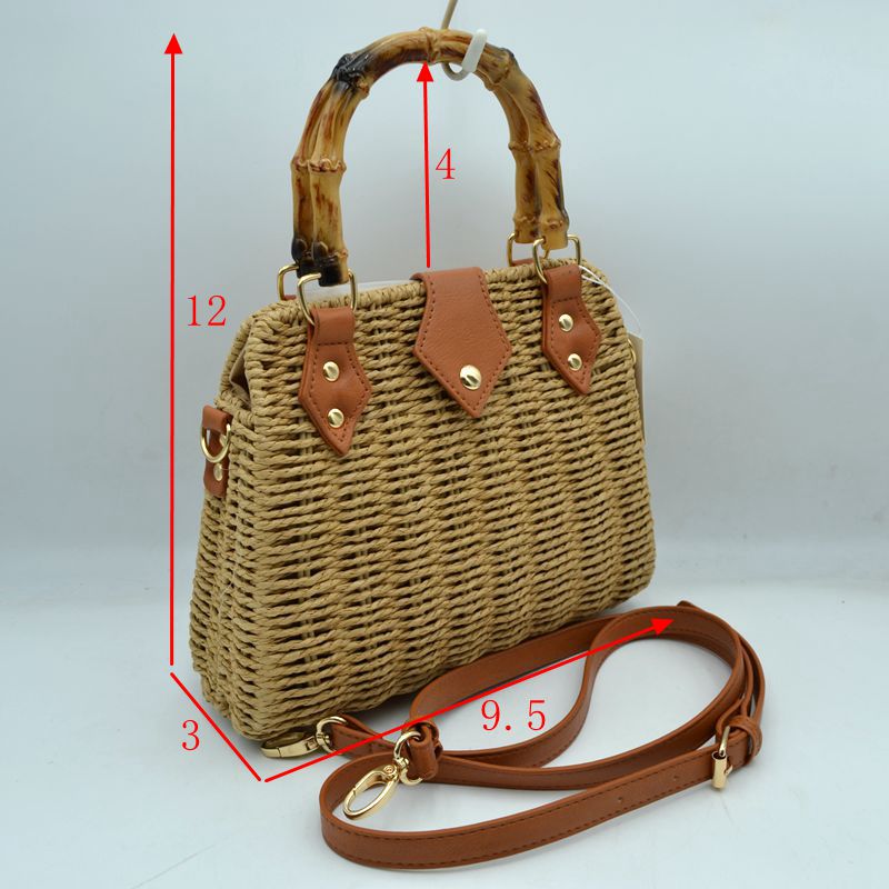Woven Straw Satchel Bag with Bamboo Top Handle and Crossbody Strap - Tote Bag