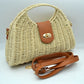 Straw Woven Handbag with Leather Accent & Adjustable Strap - Khaki - Crossbody Bag